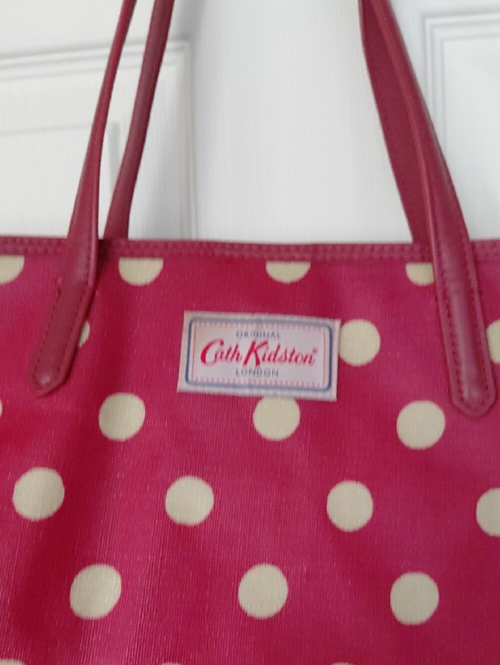 Cath Kidston Red And Cream Tote Polka Dots Doubke Strap Leather Handle 19x11 - Picture 4 of 13